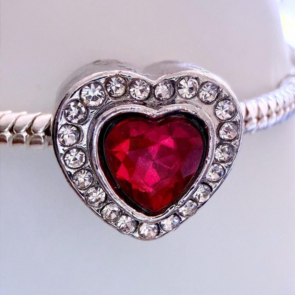 Pandora-like Silver Bead Charm Fits Snake Chain Bracelet Red Heart Rhinestone